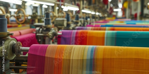 Manufacturing vibrant textiles: cotton, silk, wool blend with intricate patterns on industrial looms