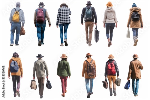 A diverse people walks with bags and hats against a white background, showcasing urban style