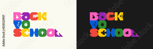 Back to School abstract artistic inscription decorative concept. Geometric combinate shapes typography logo. Season sale for education colorful graphic badge. Modern trendy creative lettering