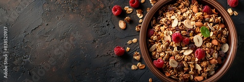 bowl of granola with raspberries and almonds on a black surface photo