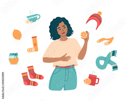 Woman with natural protection against infection and viruses. Prevention of flu and colds during the cold season with vitamins, tea and warm clothing. Isolated vector illustration