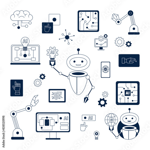 Set of line icons of smart robotic, AI technologies. Elements of digital technologies of artificial intelligence. Neurnet, virtual assistant, online client support. Isolated flat vector illustration