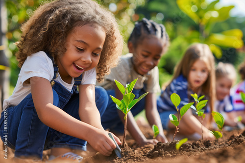 A diverse group of young children joyfully planting saplings in a garden, demonstrating teamwork and a love for nature. focused and smiling, with green leaves and soil ,a hands-on gardening activity.