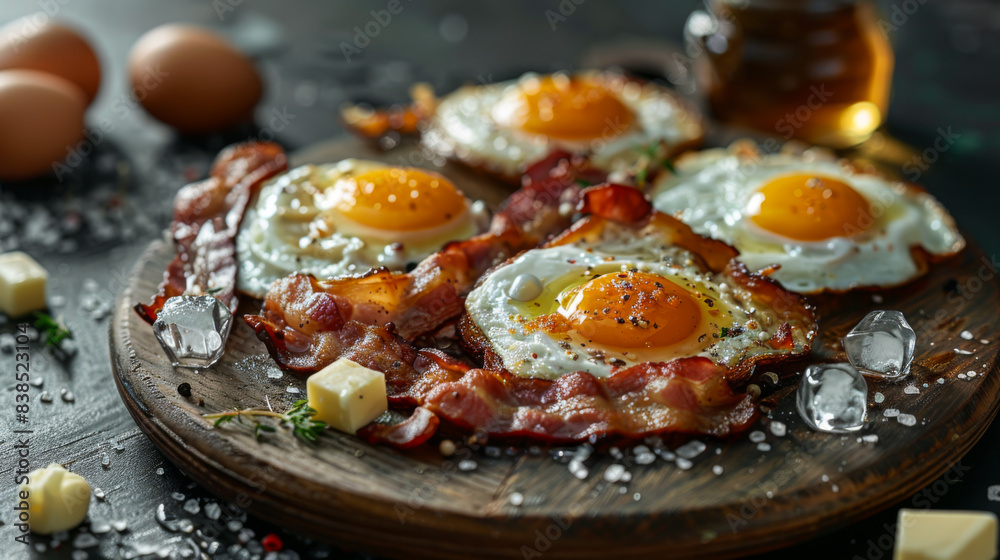 Appetizing scrambled eggs with bacon on a wooden kitchen board on the table. Hearty breakfast. Hot scrambled eggs with crispy meat. Food concept, breakfast.