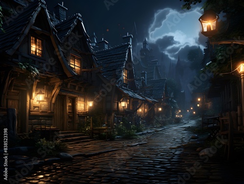 Old wooden houses in the village at night  3d render.