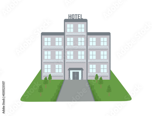 Exterior view of the Hotel building, facade. Beautiful architecture, commercial housing, construction. Flat illustration of city motel for touristic accommodation and holiday trip. Vector illustration