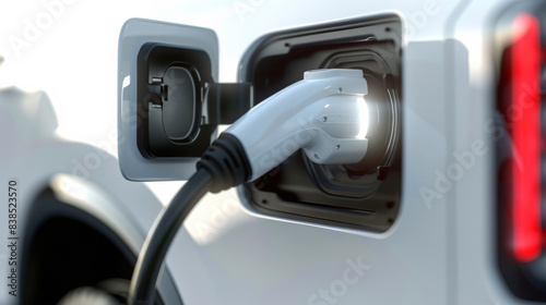 Close-up of a charger inserted into an electric car with a connector. A white ecological car is charged on a modern electronic charger. Technology and ecology concept.