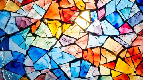 Abstract design stained glass window, colorful shards, direct sunlight, high clarity