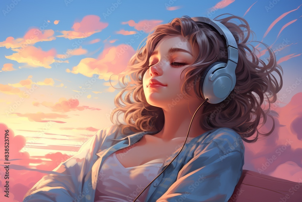 Anime girl, serene expression, enjoying music, pastel sky backdrop, glowing light Anime girl, serene expression, enjoying music, pastel sky backdrop, glowing light