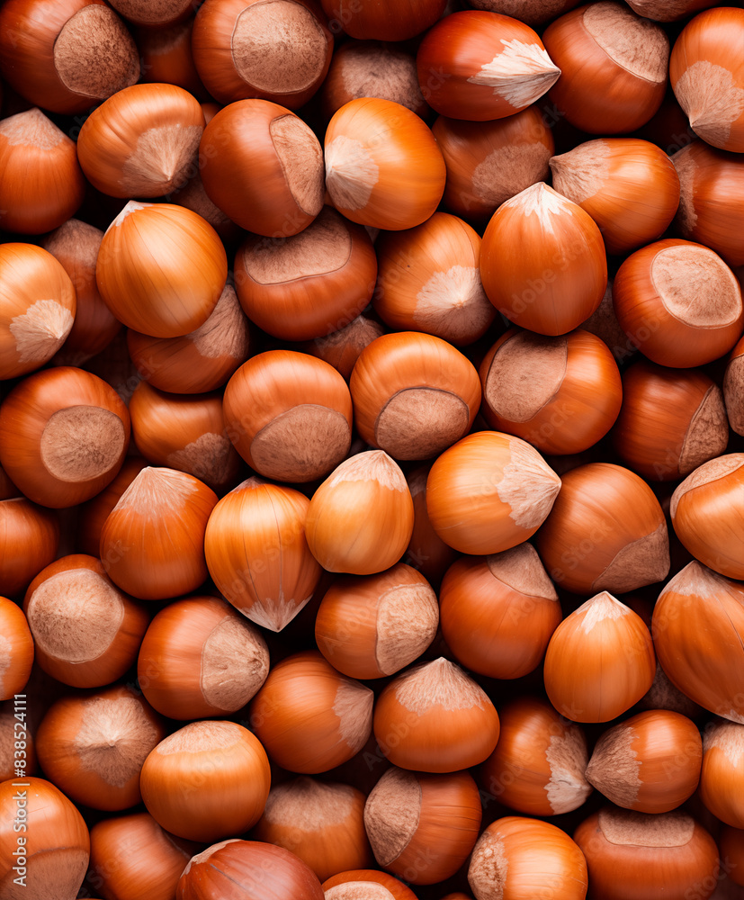 Hazelnuts background, top view, close up of hazelnut nuts texture