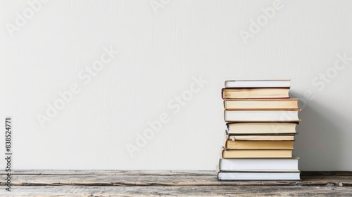 photo of two stacks of books on wooden table  white background  copy space concept