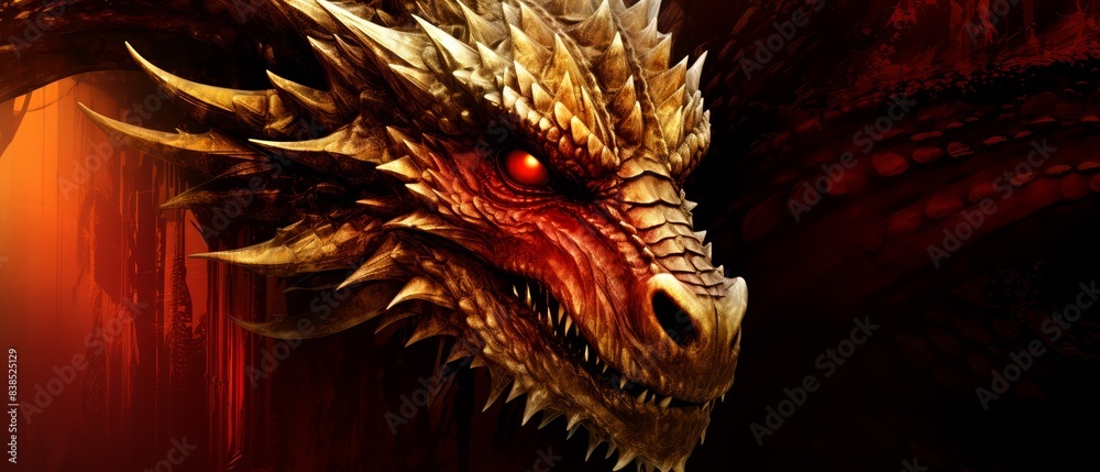 Gleaming gold dragon on crimson, close focus, intense color saturation Gleaming gold dragon on crimson, close focus, intense color saturation