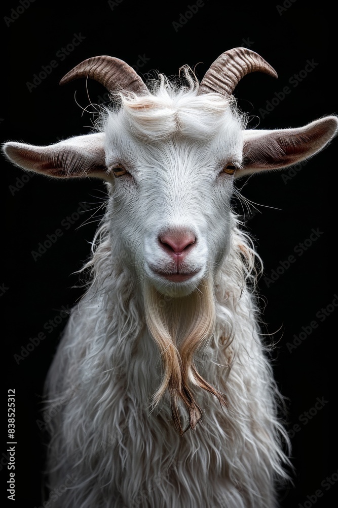Mystic portrait of Angora Goat, copy space on right side, Anger, Menacing, Headshot, Close-up View isolated on black background Mystic portrait of Angora Goat, copy space on right side, Anger, Menacing, Headshot, Close-up View isolated on black background