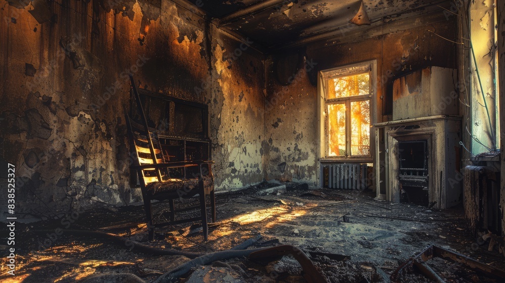 Fire Damage Interior. Old Abandoned Building with Grungy Dirty Walls Fire Damage Interior. Old Abandoned Building with Grungy Dirty Walls