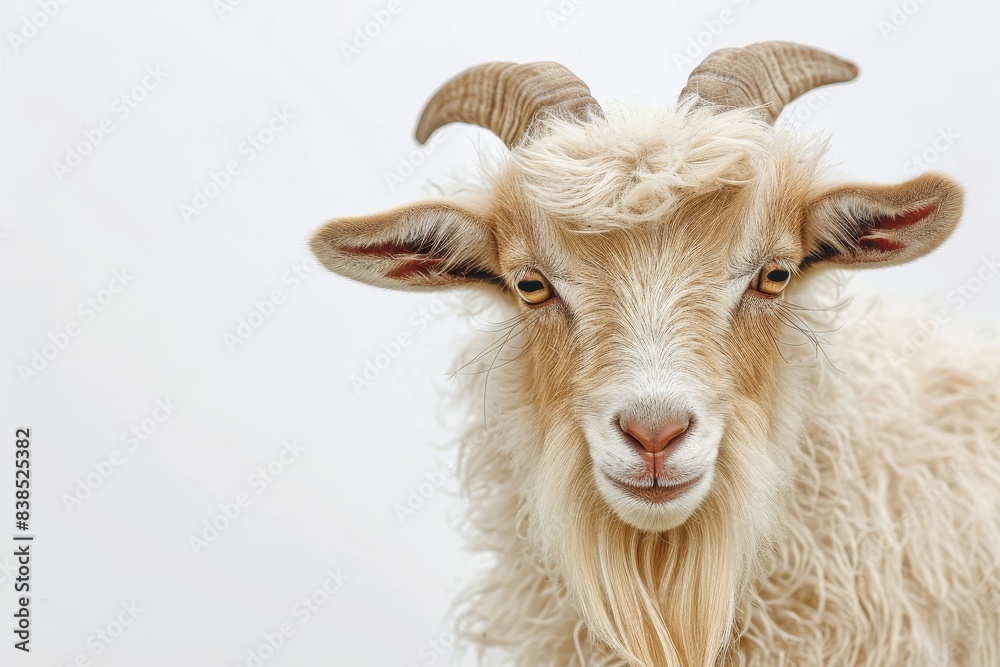 Mystic portrait of Angora Goat, copy space on right side, Anger, Menacing, Headshot, Close-up View Isolated on white background Mystic portrait of Angora Goat, copy space on right side, Anger, Menacing, Headshot, Close-up View Isolated on white background
