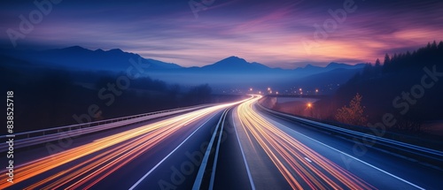Long exposure of highway with streaking lights, banner ads glowing, dusk setting © Xyeppup