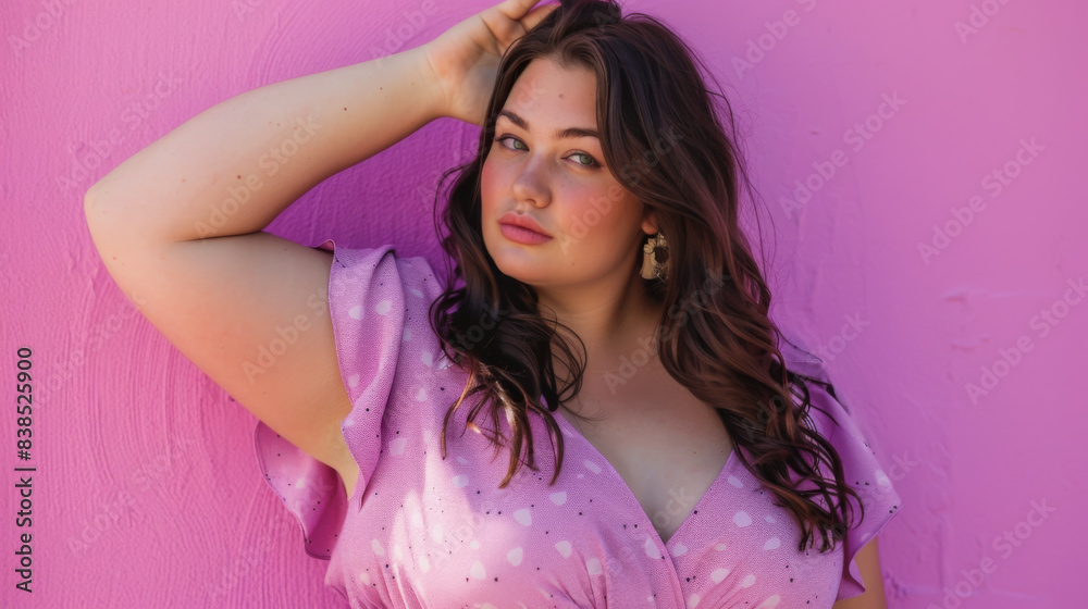 Young plus size American woman posing on a pink background. Curly woman enjoying sunny weather outdoors. Body positivity concept. Lifestyle.