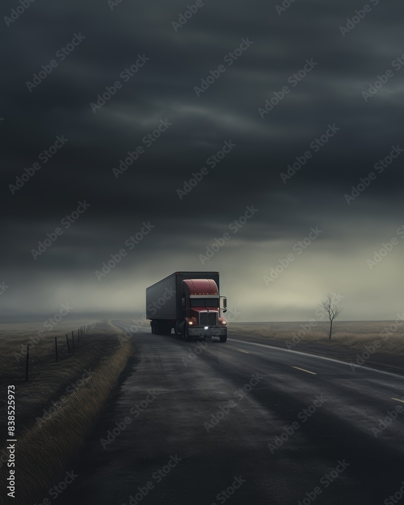 One truck on long highway, overcast sky, sense of solitude