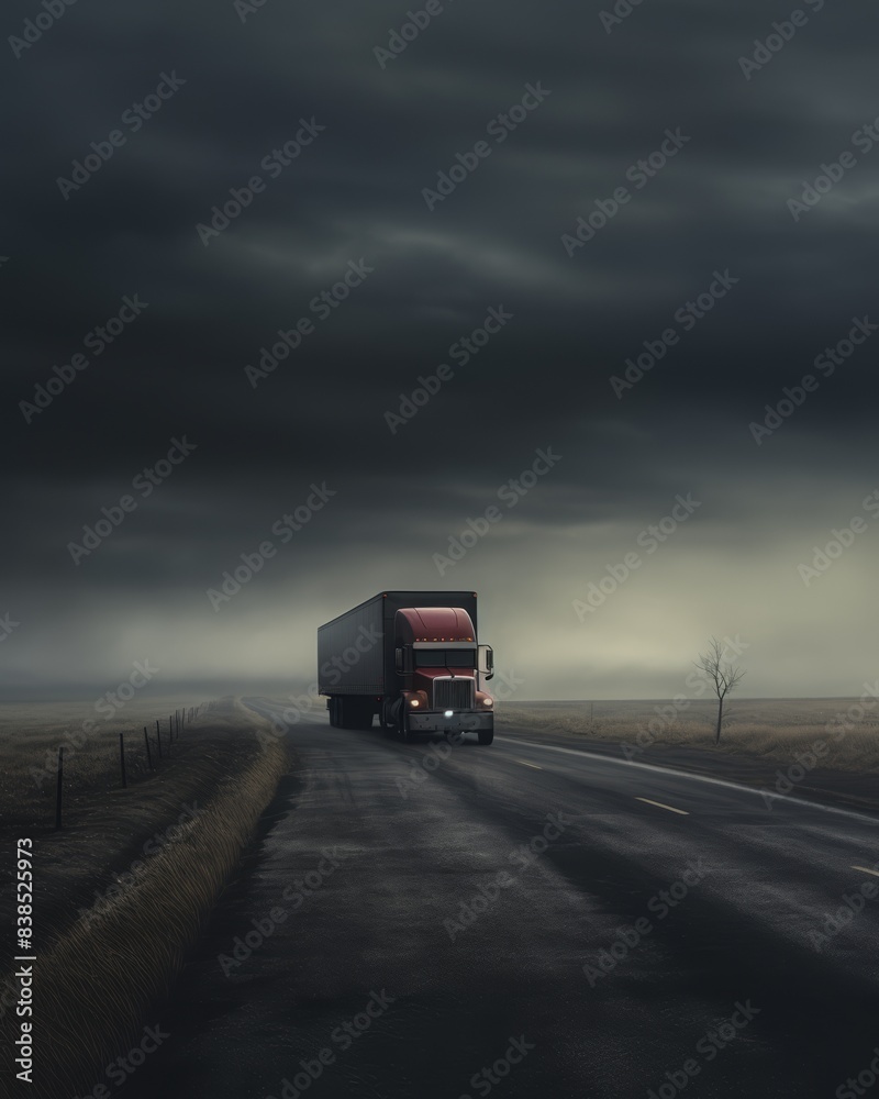 One truck on long highway, overcast sky, sense of solitude One truck on long highway, overcast sky, sense of solitude