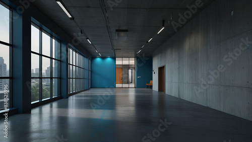 Blue office corridor with concrete floor, loft-style windows, and continuous ceiling lights. Spacious interior for business and finance.