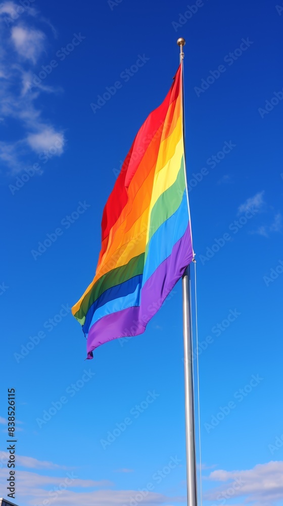 Rainbow flag on pole, brisk wind, wide open blue sky, dynamic flutter Rainbow flag on pole, brisk wind, wide open blue sky, dynamic flutter