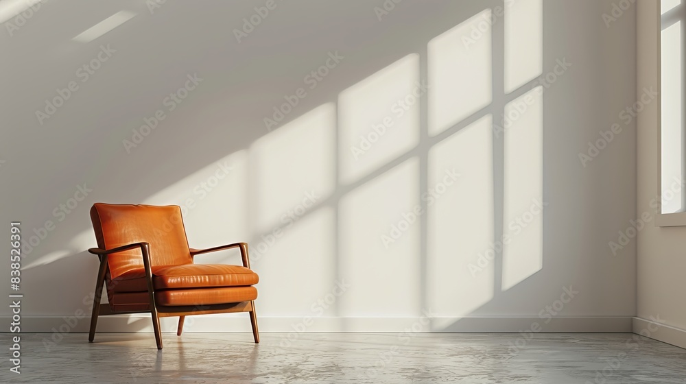 Fototapeta premium 3D rendering of an interior with an armchair against an empty white wall background.