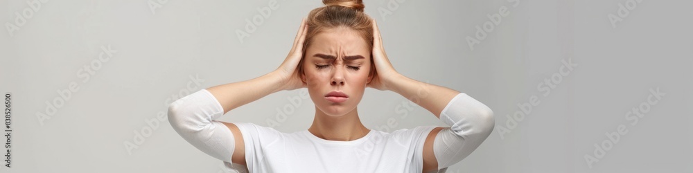 Girl Headache. Portrait of Beautiful Caucasian Woman Suffering from Headache on Grey Background Girl Headache. Portrait of Beautiful Caucasian Woman Suffering from Headache on Grey Background