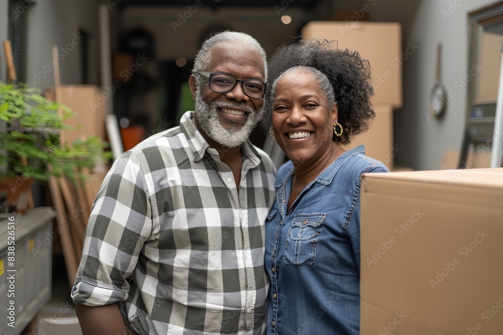 a man and woman standing next to each other in a room with boxes and plants a man and woman standing next to each other in a room with boxes and plants