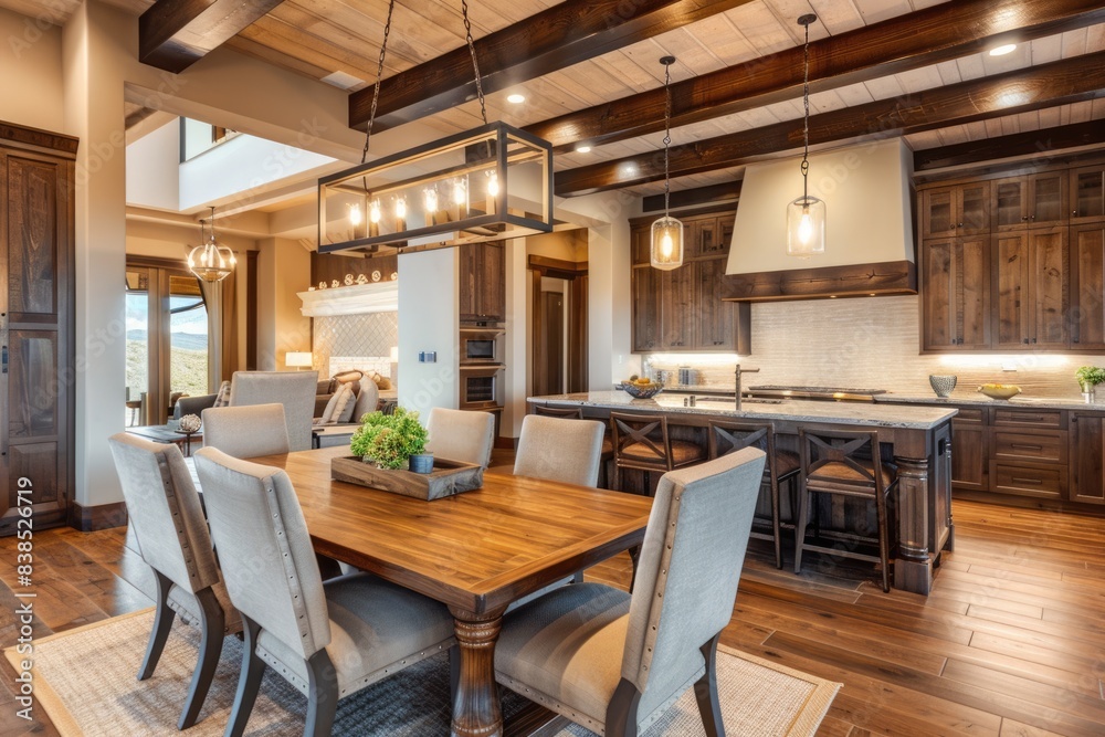 Fototapeta premium Gorgeous Home. Luxury Kitchen Interior Design with Hardwood Cabinets and Pendant Lights