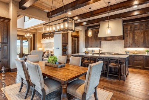 Gorgeous Home. Luxury Kitchen Interior Design with Hardwood Cabinets and Pendant Lights