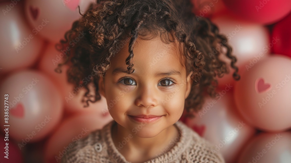 A young child with curly hair smiles amidst a backdrop of pink heart balloons A young child with curly hair smiles amidst a backdrop of pink heart balloons
