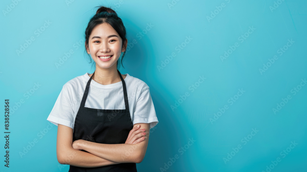 Beautiful smiling Asian woman wearing white t-shirt and black apron with happy and friendly facial expression isolated on blue background Beautiful smiling Asian woman wearing white t-shirt and black apron with happy and friendly facial expression isolated on blue background