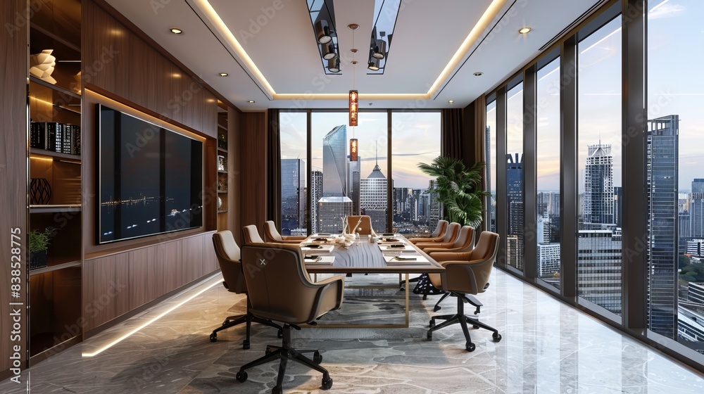 Cozy conference room with a wooden meeting interior including a table and chairs, TV screen, sideboard, and shelf adorned with decorations. Cozy conference room with a wooden meeting interior including a table and chairs, TV screen, sideboard, and shelf adorned with decorations.