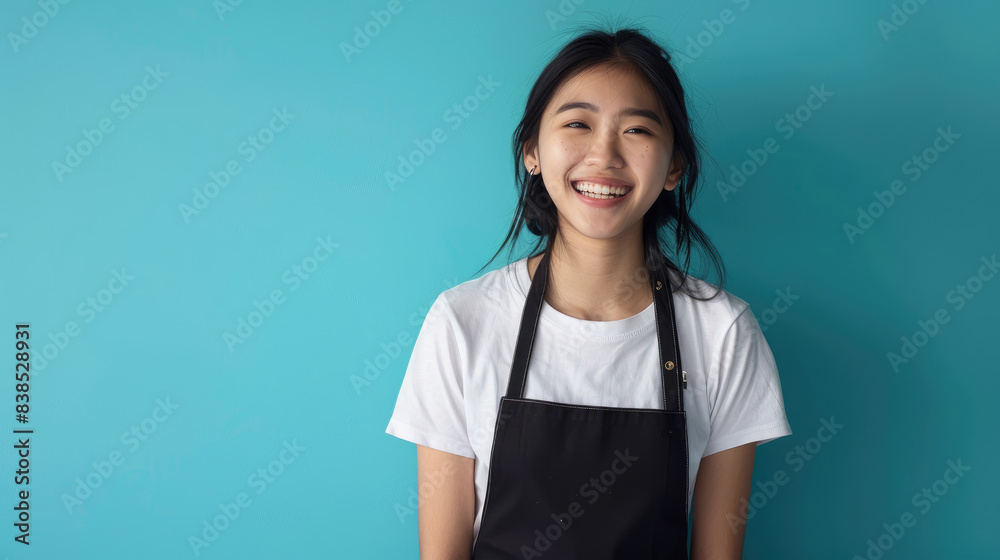 Beautiful smiling Asian woman wearing white t-shirt and black apron with happy and friendly facial expression isolated on blue background Beautiful smiling Asian woman wearing white t-shirt and black apron with happy and friendly facial expression isolated on blue background
