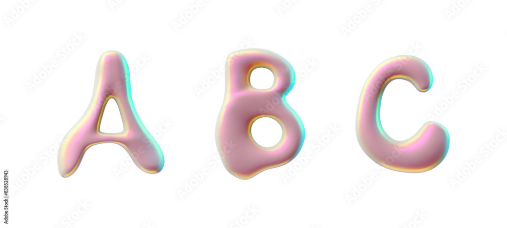 3D vector set of pink letters A,B,C, glossy style with a holographic gradient.