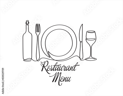 Continuous one single line drawing of plate, fork, knife, bottle of wine and glass. Restaurant menu. Menu food design. Vector illustration.