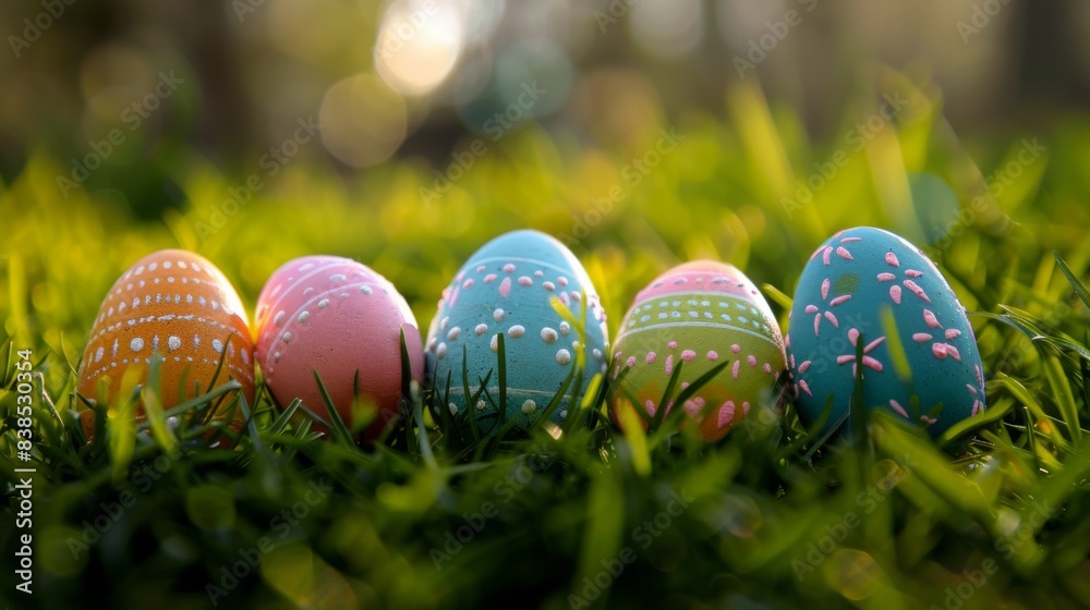 A group of colorful easter eggs are lined up in the grass, AI