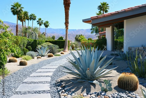 Gravel Landscaping in Arid Desert Climate Garden with Succulent and Cactus in Palm Springs California