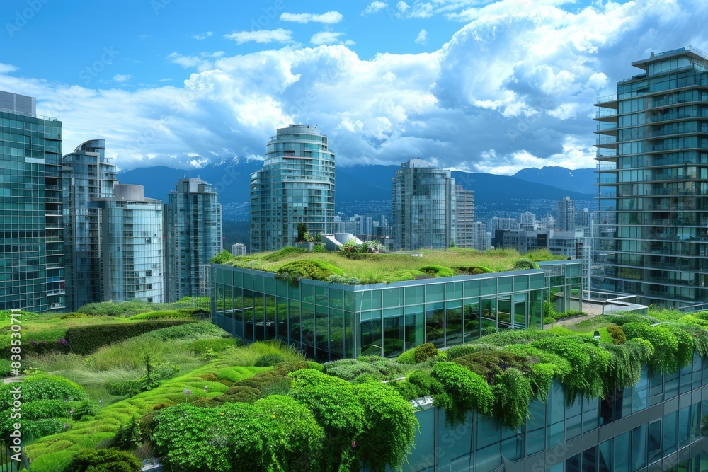 Fototapeta premium Green Roof City. Office Building with Green Rooftop in Vancouver Cityscape