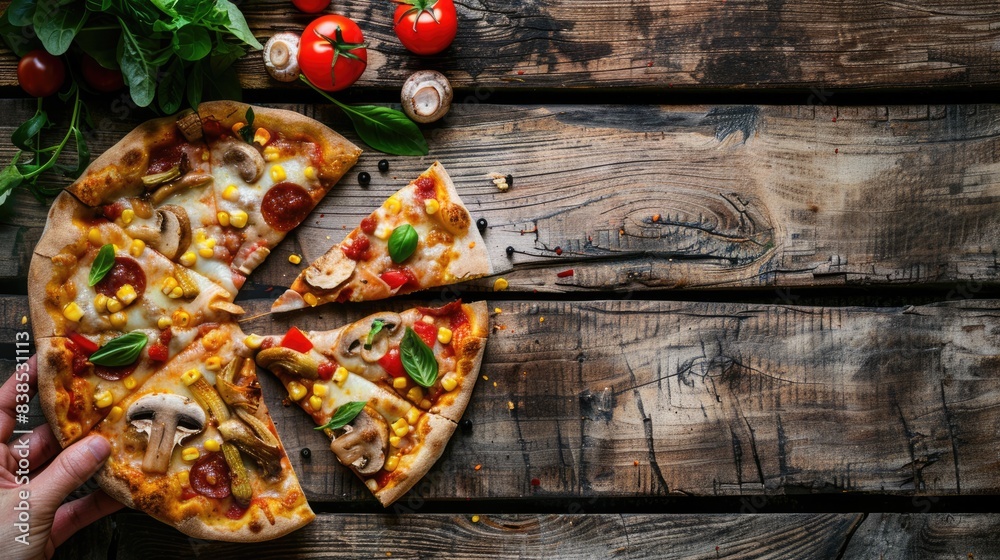 custom made wallpaper toronto digitalHand Pizza. Rustic Wooden Table with Slices of Pizza, Mushrooms and Corn. Overhead View with Copy Space