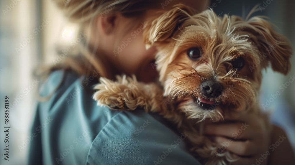A woman holding a small brown dog in her arms, AI A woman holding a small brown dog in her arms, AI