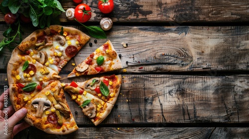 Wallpaper Mural Hand Pizza. Rustic Wooden Table with Slices of Pizza, Mushrooms and Corn. Overhead View with Copy Space Torontodigital.ca