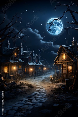 Halloween background. Old wooden house in the forest at night with full moon.