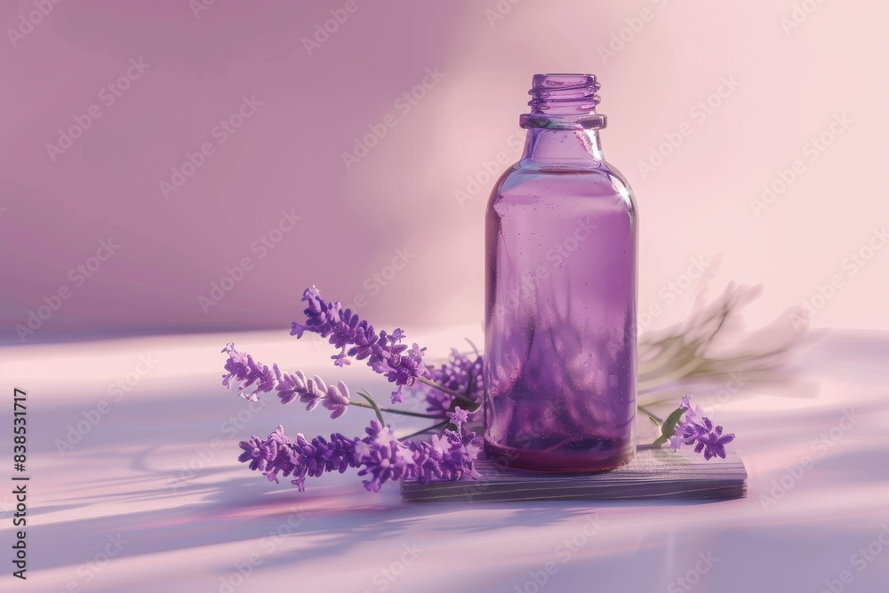 bottle with purple lavender oil on board isolated on plain studio background, made with generative ai bottle with purple lavender oil on board isolated on plain studio background, made with generative ai