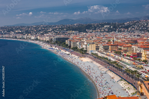 The elevated view on the promenade and a beach of Nice - Cote D'Azur, France