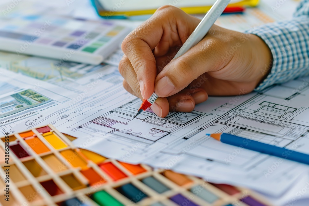Interior Architect Designer Creates Hand-Drawn Sketches & Blueprints in Design Studio Interior Architect Designer Creates Hand-Drawn Sketches & Blueprints in Design Studio