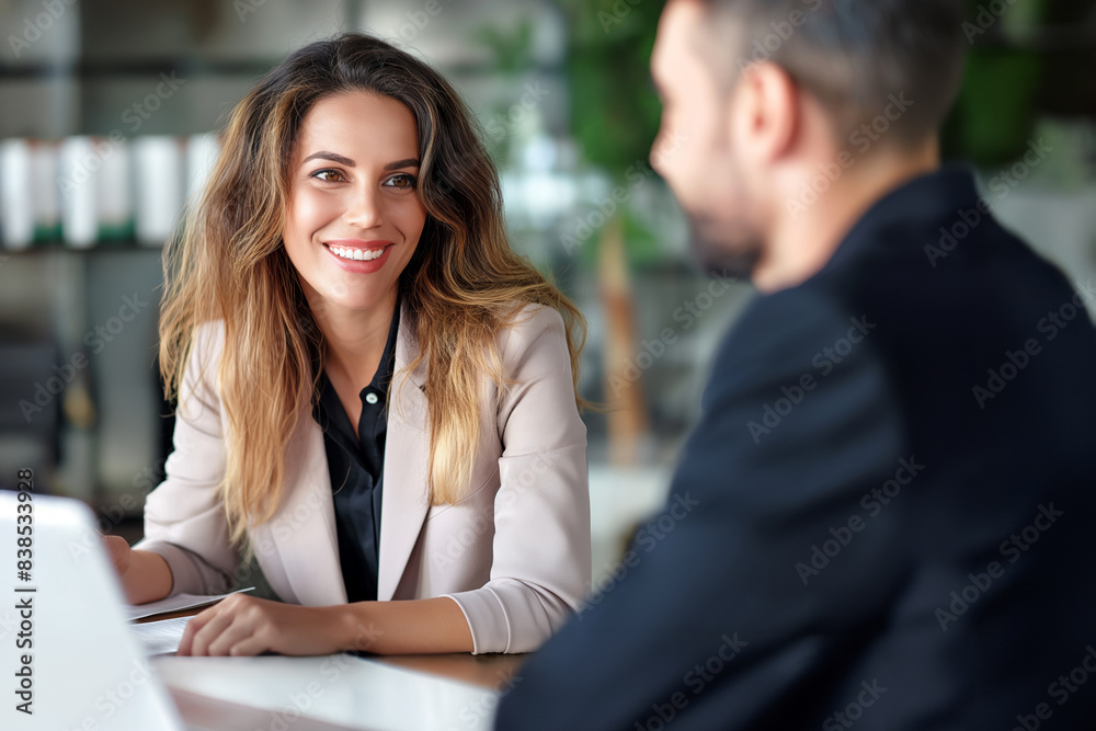 Smiling female hr manager hiring recruit at job interview, bank or insurance agent, lawyer making contract deal with client at work. Smiling female hr manager hiring recruit at job interview, bank or insurance agent, lawyer making contract deal with client at work.