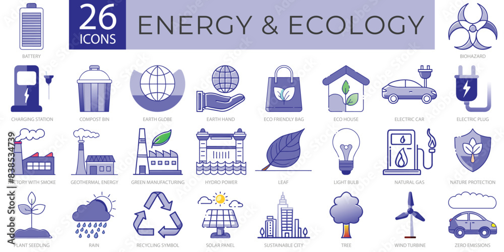 Set of 26 Energy and Ecology Icons for Environmental Awareness and Sustainability Set of 26 Energy and Ecology Icons for Environmental Awareness and Sustainability