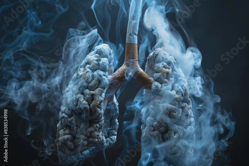Human lungs in cigarette smoke. Problems of tobacco smoking. Sick lungs. Blue image