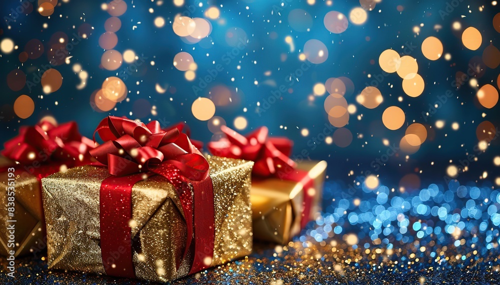 Shining gold gifts with ribbons, festive bokeh background Shining gold gifts with ribbons, festive bokeh background